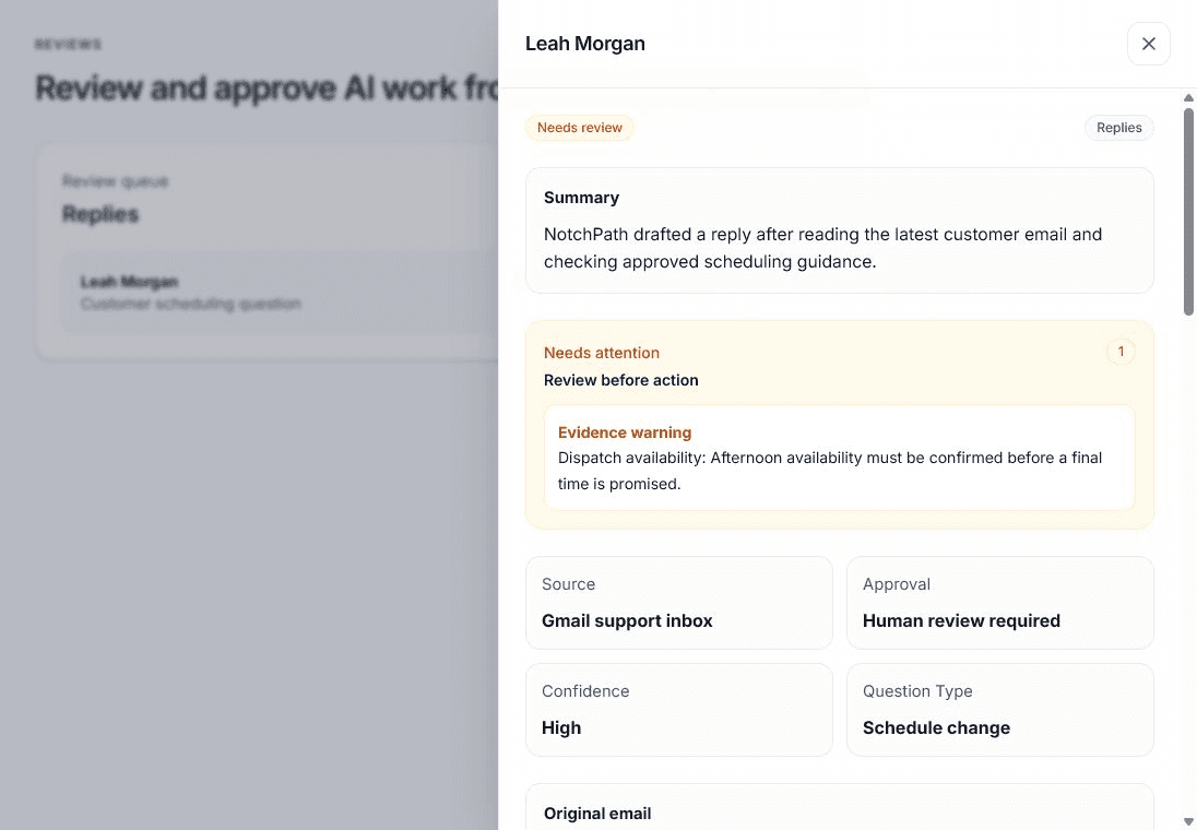 NotchPath review details screen with original email, evidence, and draft reply